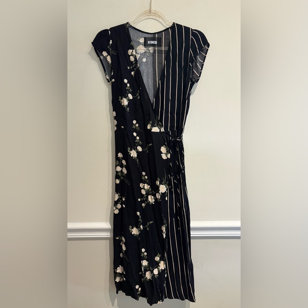 Reformation Black Sabrina Floral Striped Wrap Dress XS - Picture 6 of 10